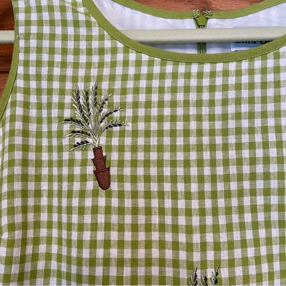 Vintage 90s Ultra Dress green gingham potted plant embroidered dress - Picture 4 of 7